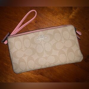 Coach Signature Beige Wristlet with Pink Strap